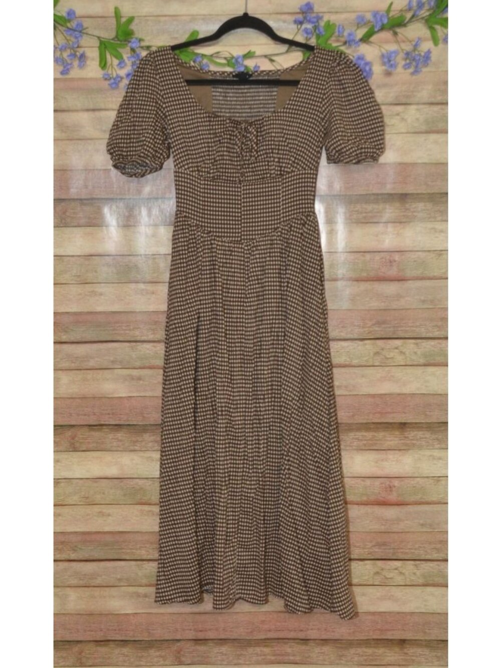 Blu Pepper Size S Brown Gingham Maxi Dress Milkmaid Puff Sleeve Smocked Cottage